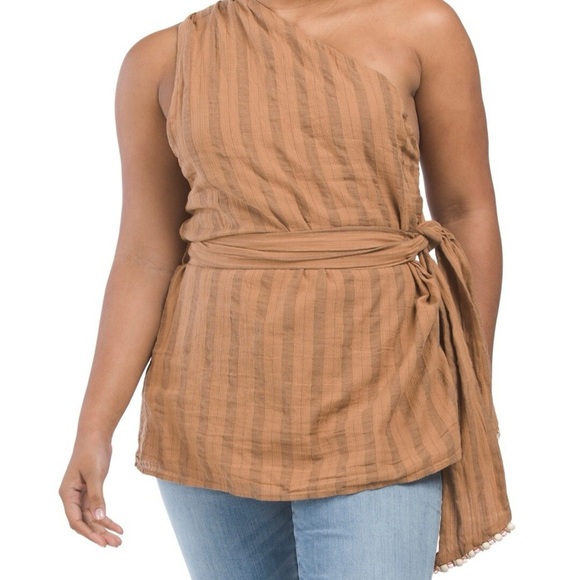 ZARA | One Shoulder Striped Beaded Dress Top Shirt Brown 100% Cotton - Picture 2 of 12